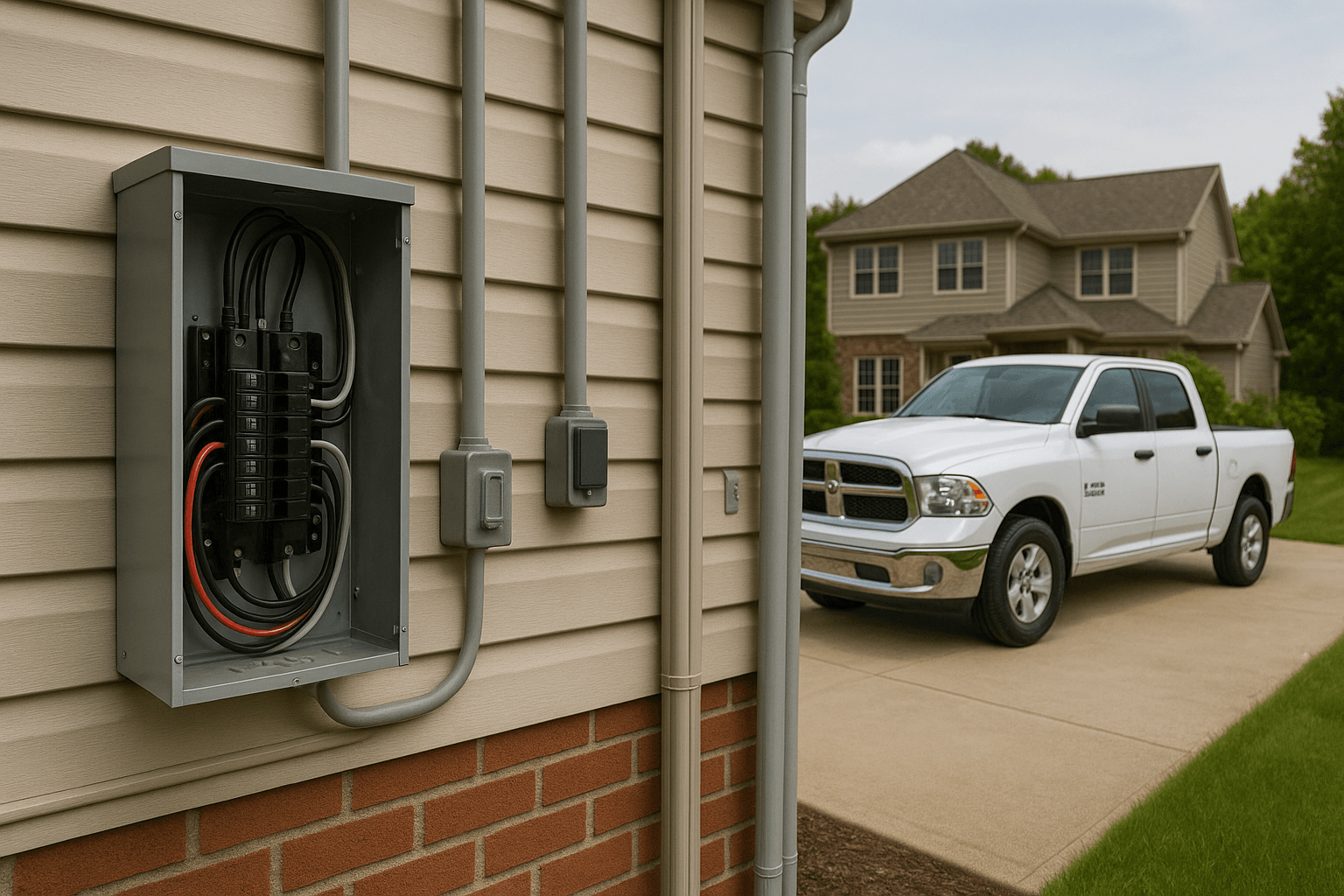 MP Electric technician servicing an electrical panel outside a home